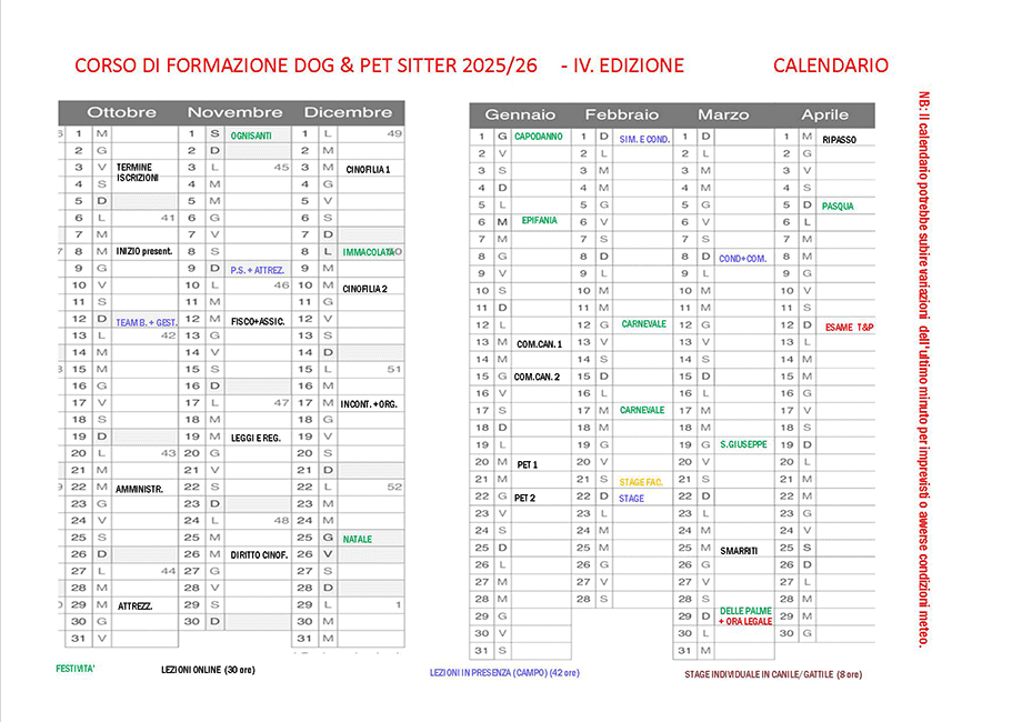 calendario corso formazione Dog e Pet Sitter 2025-26 quarta edizione