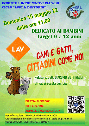 diretta informativa Animals Mago Ranch ODV dedicata ai bambini Cani e Gatti con relatore Giacomo Bottinelli della LAV A scuola con la LAV