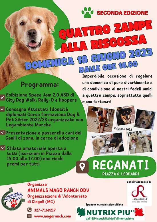 manifestazione Quattro Zampe alla Riscossa del 18 giugno 2023 in piazza a Recanati organizzata da Animals Mago Ranch ODV