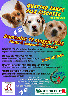 evento quattro zampe alla riscossa in piazza a recanati domenica 18 maggio 2025 organizzato da Animals Mago Ranch ODV IV° edizione