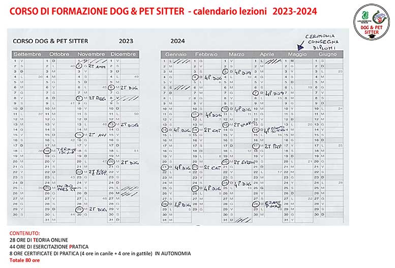 calendario corso formazione Dog e Pet Sitter organizzato da Legambiente Marche e Animals Mago Ranch ODV