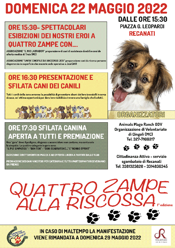 programma manifestazione canina "Quattro zampe alla riscossa" domenica 22 maggio 2022 a Recanati